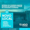 A Câmara Municipal de Acari comunica a mudança do local da solenidade de entrega dos Títulos de Cidadania Acariense e da Comenda Manoel Esteves de Andrade.