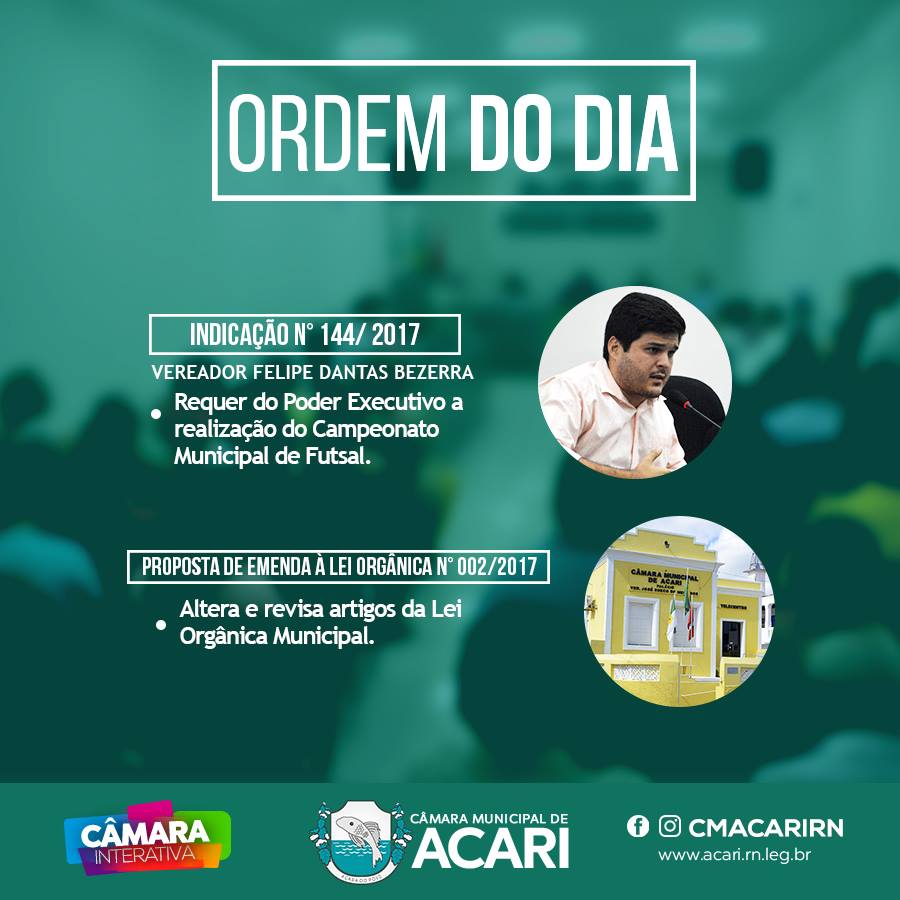 A Câmara Municipal de Acari divulga a Ordem do Dia da 14ª Sessão Ordinária