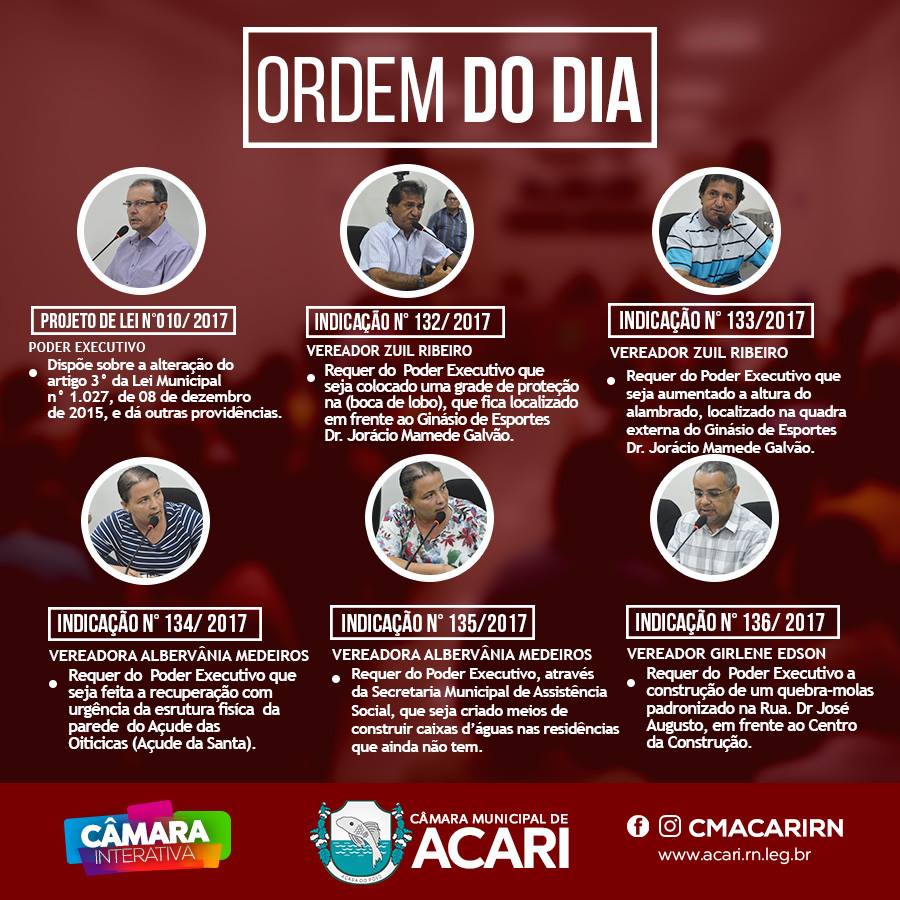 A Câmara Municipal de Acari divulga a Ordem do Dia da 7ª Sessão 