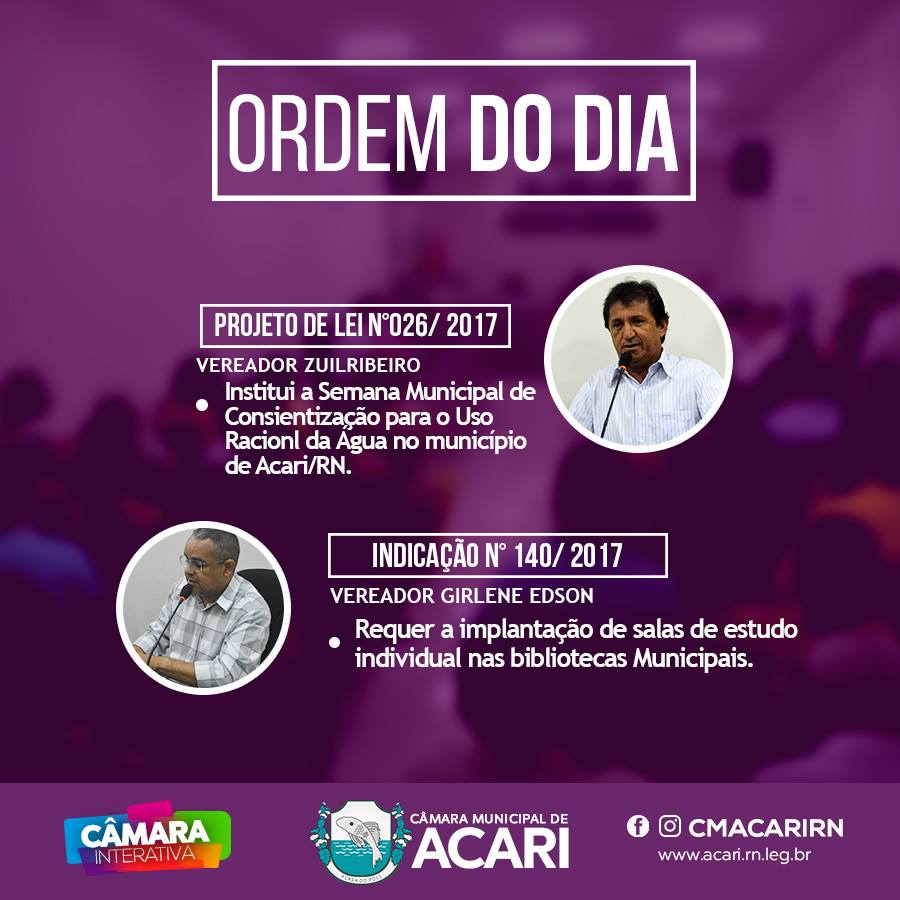 A Câmara Municipal de Acari divulga a Ordem do Dia da 9ª Sessão 