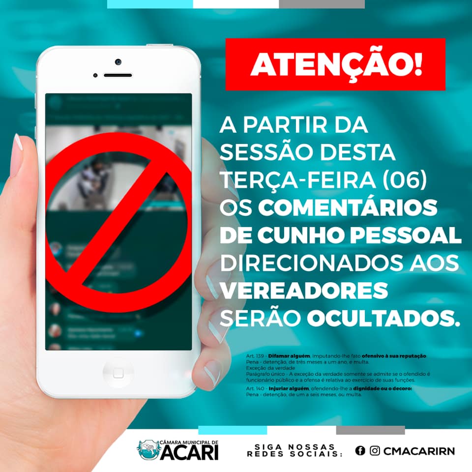 A PARTIR DESTA TERÇA-FEIRA (06) OS COMENTÁRIOS DE CUNHO PESSOAL DIRECIONADOS AOS VEREADORES SERÃO OCULTADOS