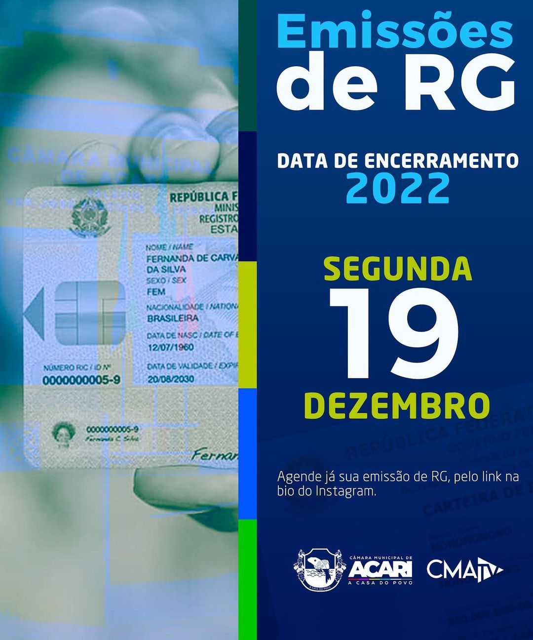 ATENÇÃO: DIA 19 DE DEZEMBRO SERÁ O ÚLTIMO DIA PARA EMISSÃO DE IDENTIDADES