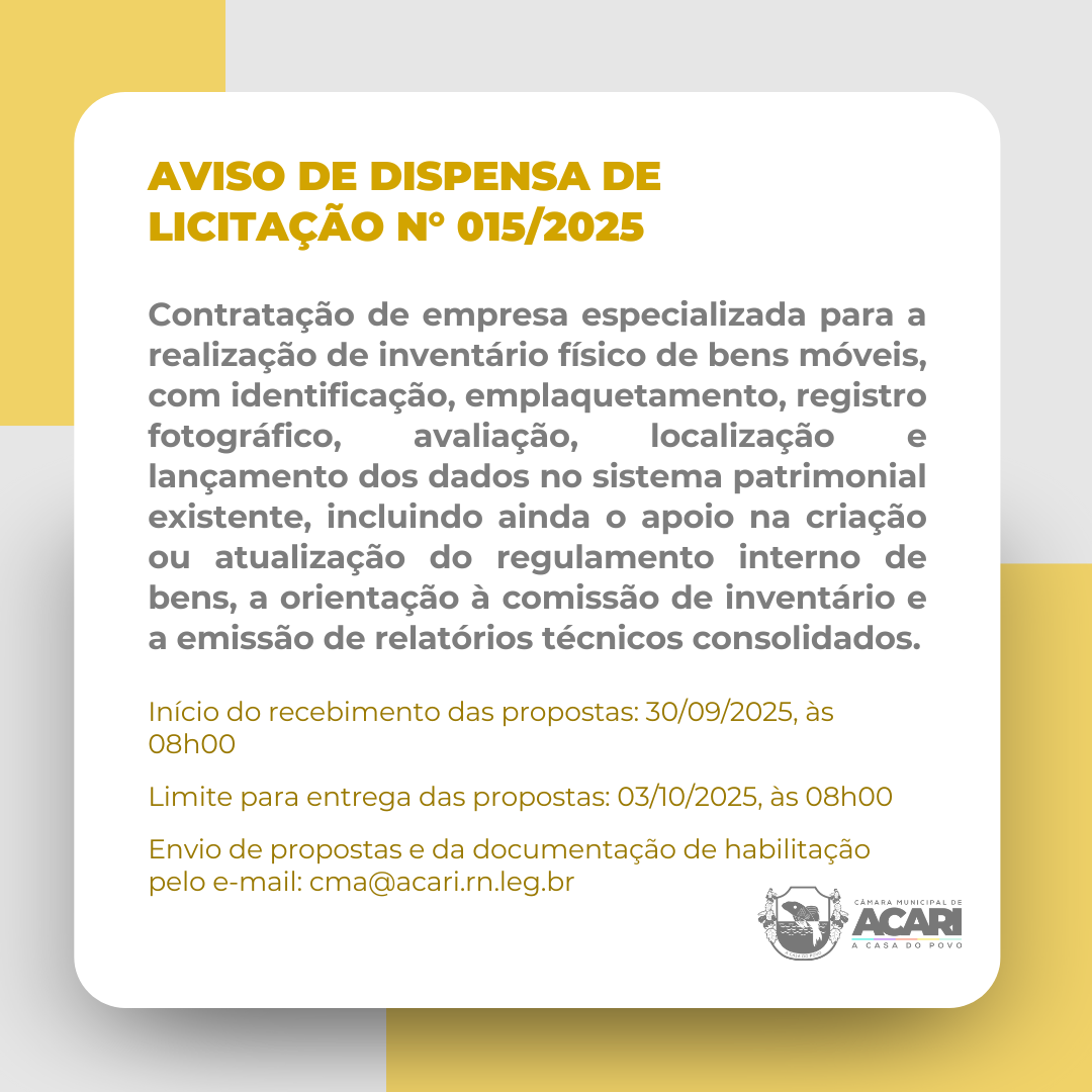 Aviso de Dispensa de Licitação nº 015/2025