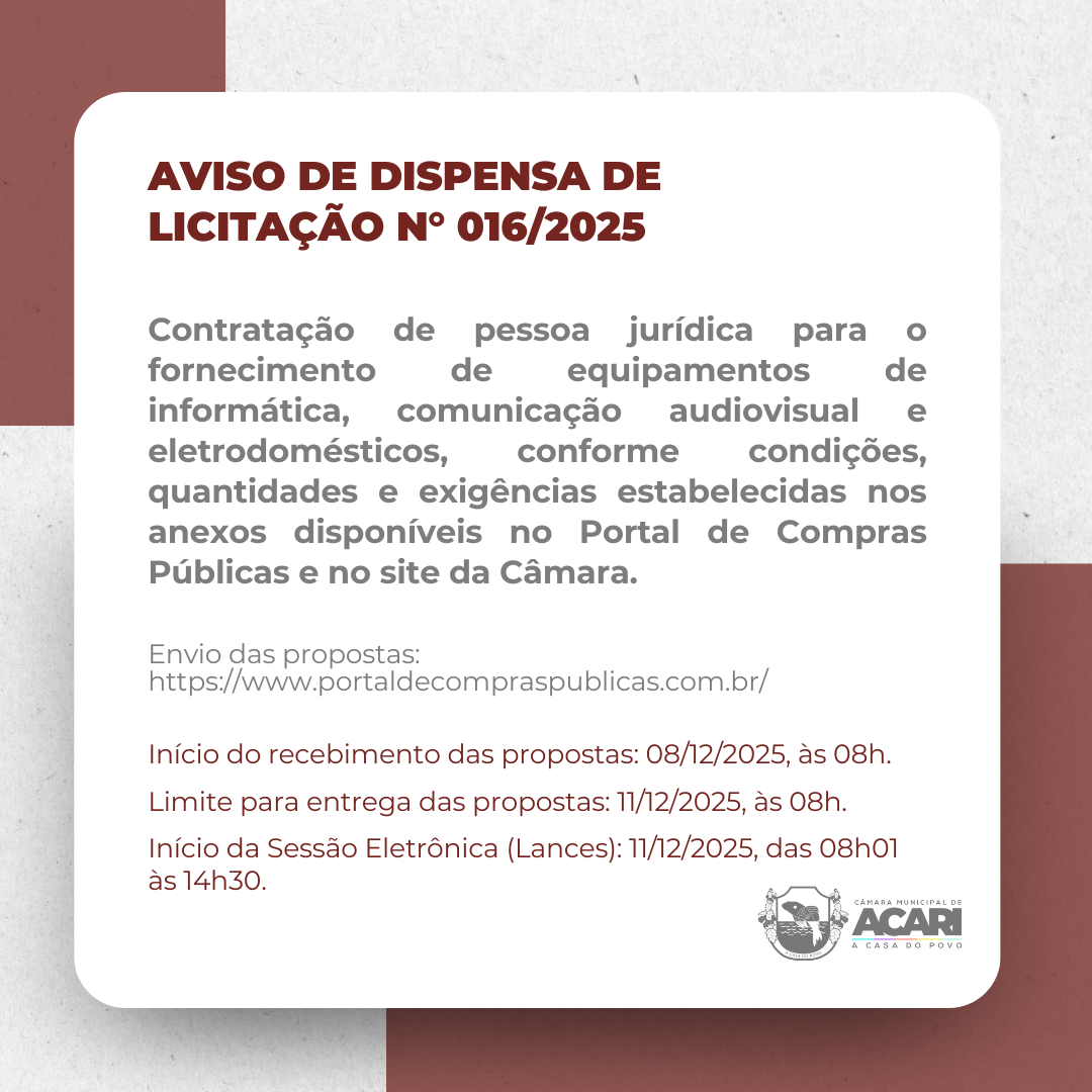 Aviso de Dispensa de Licitação nº 016/2025