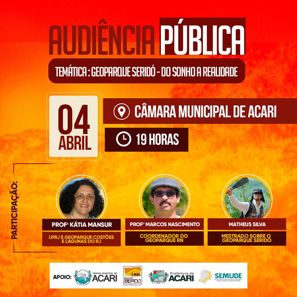 GEOPARQUE SERIDÓ SERÁ TEMA DE AUDIÊNCIA PÚBLICA NESTA QUARTA-FEIRA NA CÂMARA MUNICIPAL DE ACARI