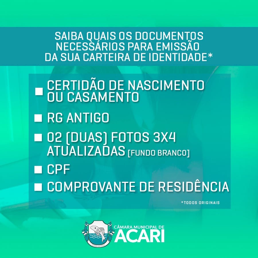 Nesta terça-feira, dia 20/11, a partir das 8h, teremos 150 renovações de RG na Câmara Municipal de Acari. Parceria com a regional do ITEP/RN.