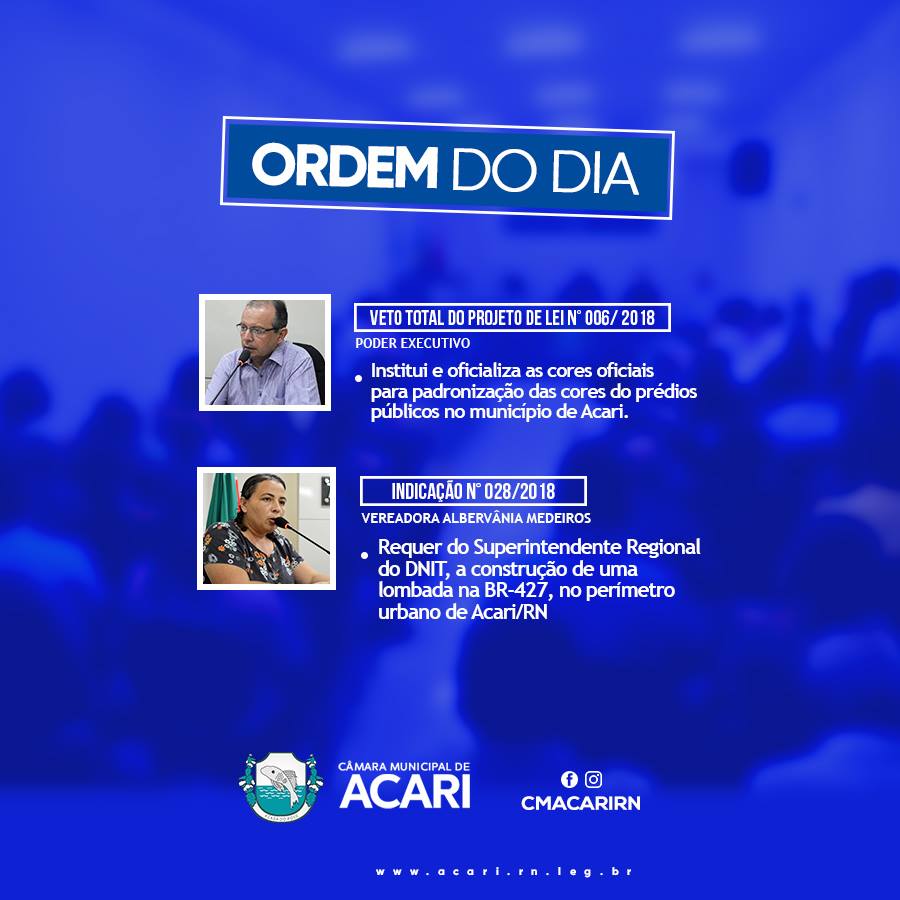 Ordem do Dia da 13ª Sessão Ordinária do 1º Período Legislativo de 2018