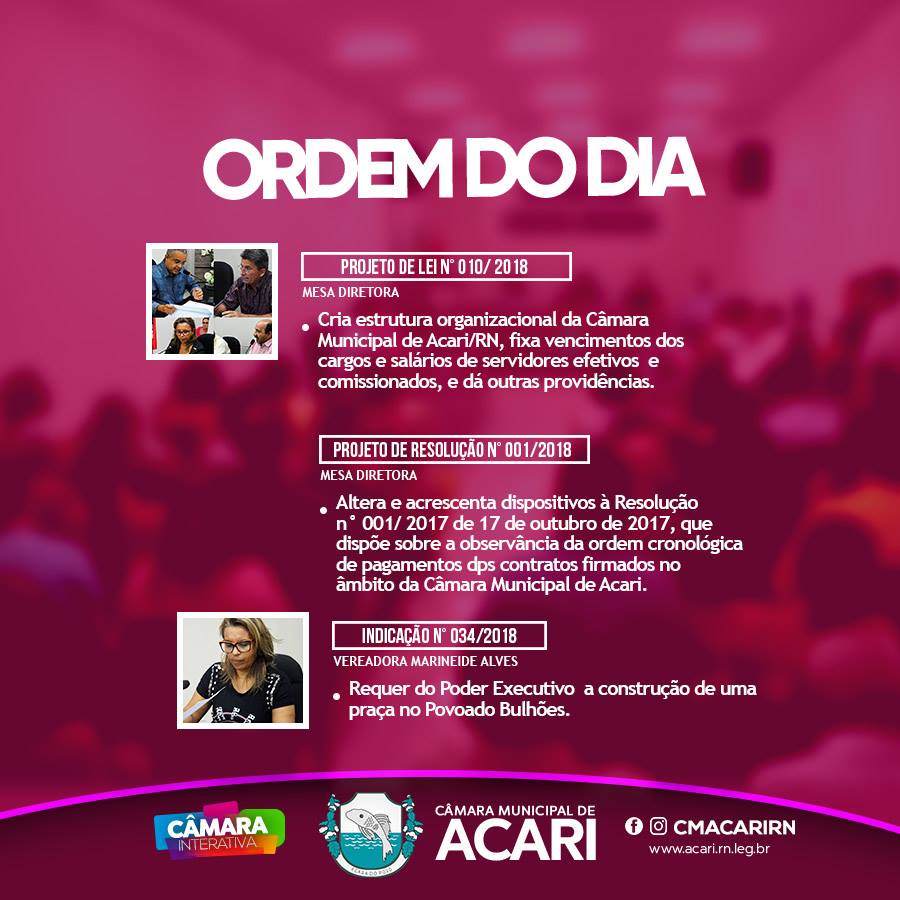 Ordem do Dia da 16ª Sessão Ordinária do 1º Período Legislativo de 2018