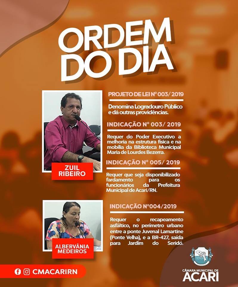 Ordem do Dia da 3ª Sessão Ordinária do 1º Período Legislativo de 2019