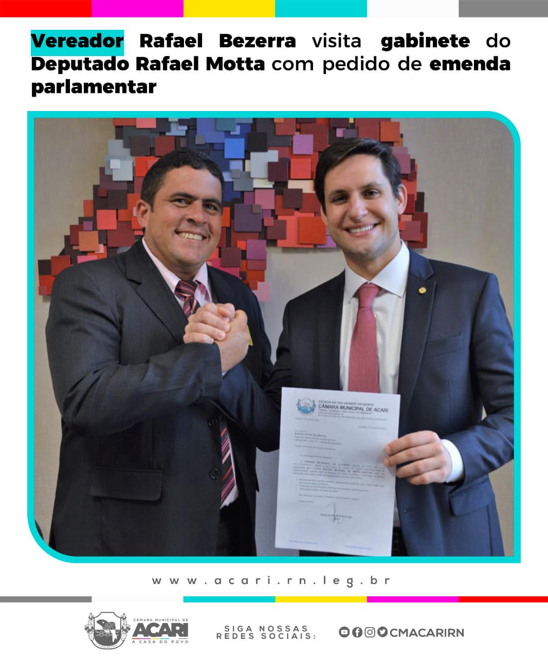 VEREADOR RAFAEL BEZERRA VISITA GABINETE DO DEPUTADO RAFAEL MOTTA COM PEDIDO DE EMENDA PARLAMENTAR