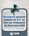 Vereadores aprovam reajuste de 5,4% no piso dos professores de Acari para 2026