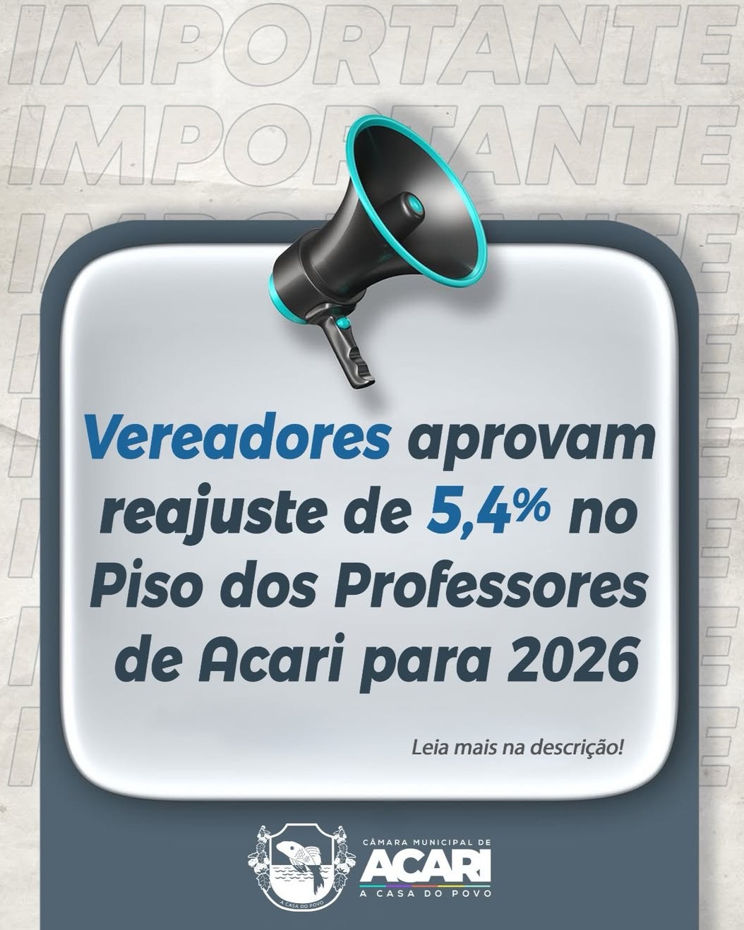 Vereadores aprovam reajuste de 5,4% no piso dos professores de Acari para 2026